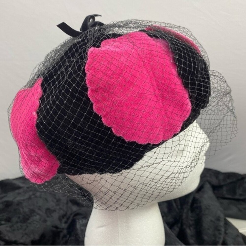 Ladies Fuchsia / Hot Pink Black Hat with Netting Made in USA Vintage Glam Rare
